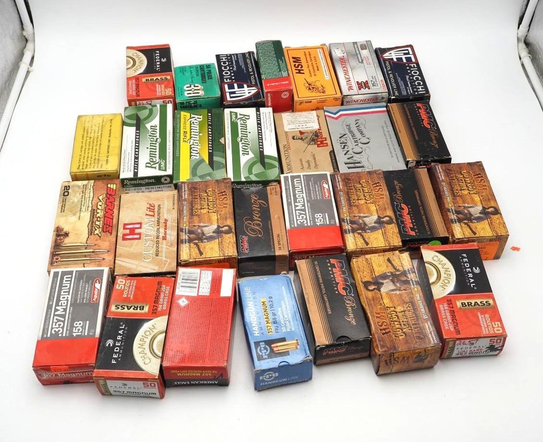 Brass & Boxes: incl.: (20) boxes of .357 brass; (3+) boxes of .22-250 brass; 7mm-08 brass; 6.5 Creedmoor brass