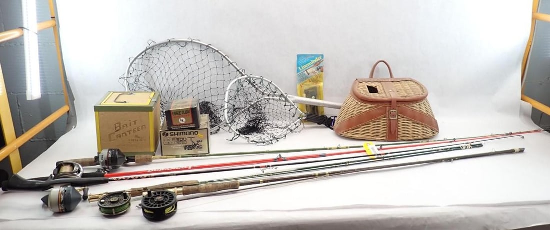 Fishing Tackle Lot: incl.: (2) Nets; Creel; Bait Canteen; (5) Rods with Reels; NIB Eagle Claw 3340 Spin Casting Reel; Daiwa J-13 Spinning Reel
