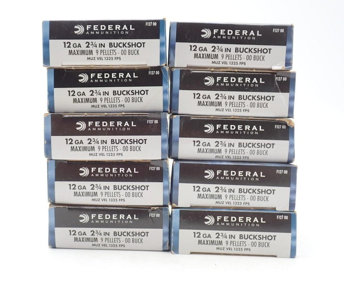 (10) Boxes of Federal 12 Ga. 00 Buckshot Cartridges: (10) Boxes of Federal 12 Ga. 00 Buckshot Cartridges
