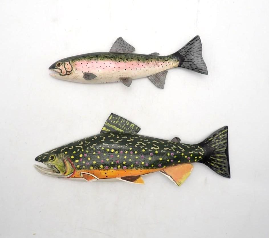 (2) Carved Wood Trout: each signed "Kelton '08", 8.75" & 6.75" in length, wall mounts