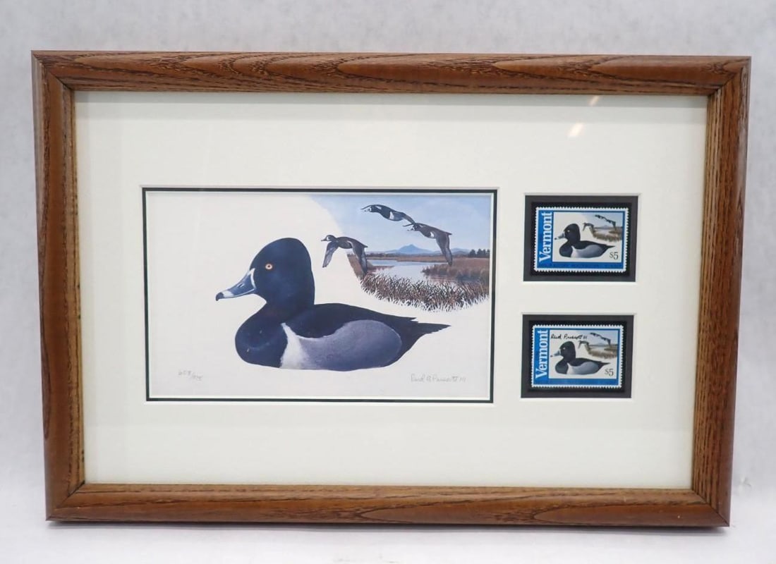 (2) 1994 Vermont Duck Stamps & Print: 608/975, 10.25" x 15.25" framed, (1) stamp signed by the artist