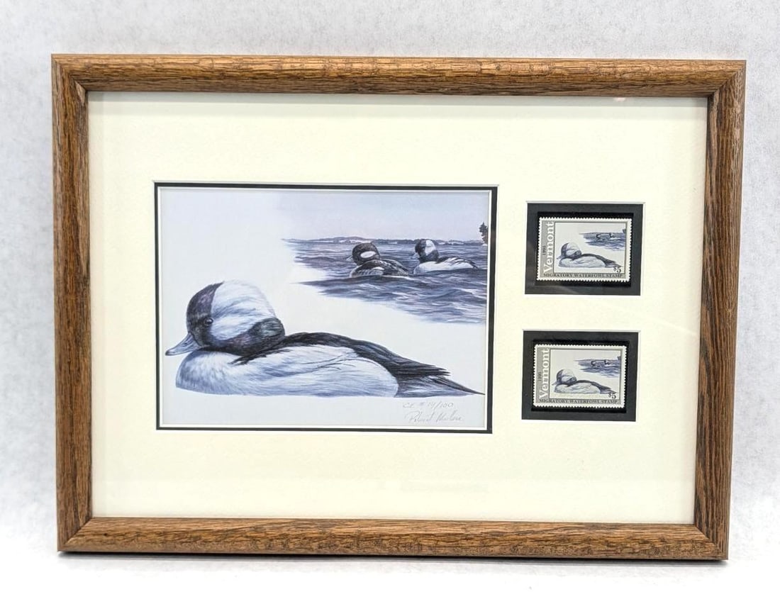(2) 1995 Vermont Duck Stamps & Print: CE# 14/100, 11" x 15" framed, (1) stamp signed by the artist