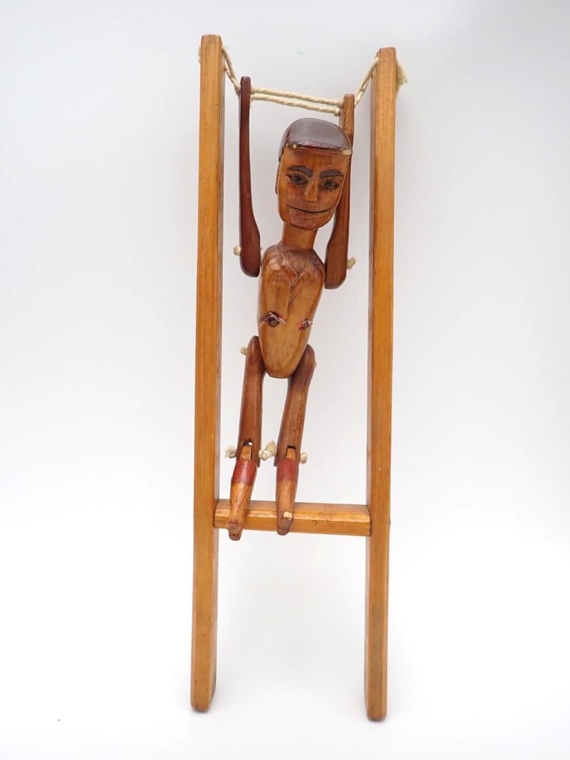Vintage Carved Wood Squeeze Acrobat Toy: signed and dated 1954, 12" in height