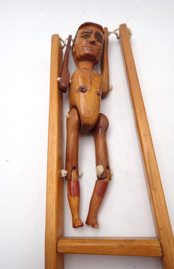 Vintage Carved Wood Squeeze Acrobat Toy - 4