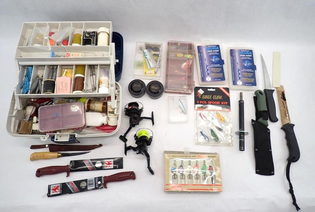 Fishing Tackle Lot: incl.: tackle box and contents; tote of lures, fillet knives, hooks, etc.; (2) vintage steel rods; (2) Daiwa Minispin setups; 940 UL spinning rod & (3) reels; (5) casting rods & (2) reels;