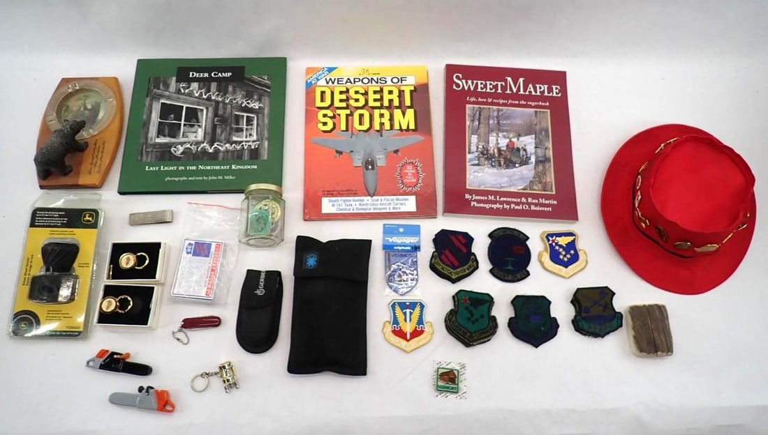 Collectibles Lot: incl.: state quarter collection; military patches; Alaska souvenirs; ulu knife; compass; books; Desert Storm cards; more...