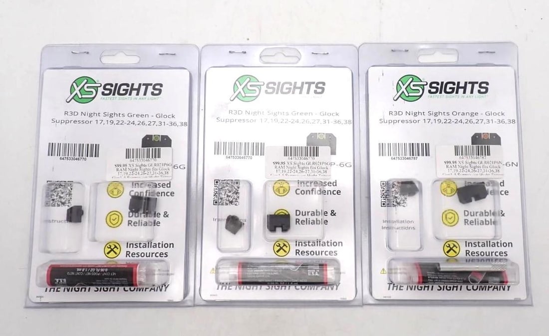 (3) XS Sights R3D Pistol Night Sights: Glock Suppressor 17, 19, 22-24, 26, 27, 31-36, 38