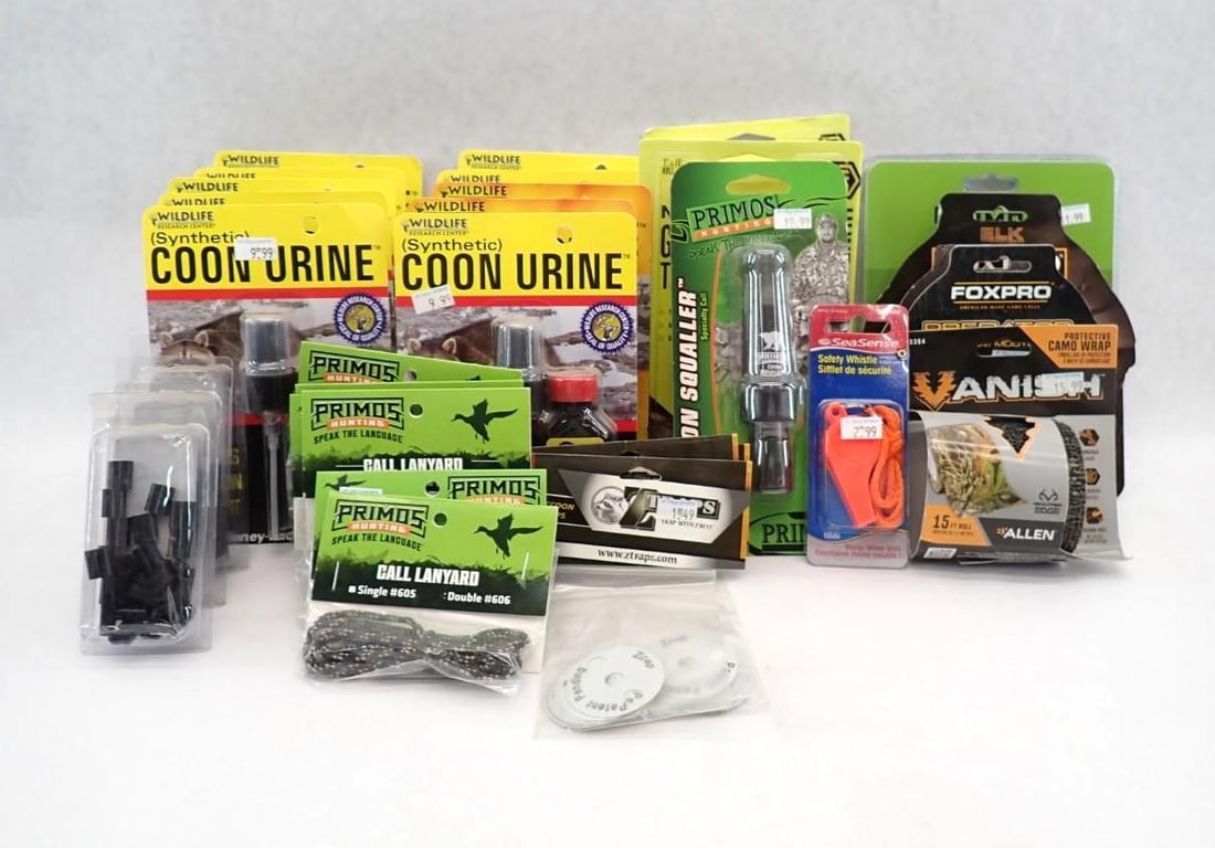 (31) Hunting Accessories: incl.: camo tape; game calls & lanyards; synthetic coon urine; more...