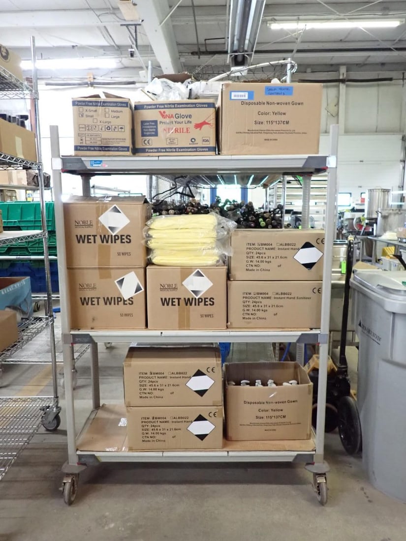 PPE Lot: incl.: (3) cases of wet wipes; (1)+ case nitrile gloves; (1.5) cases disposable gowns; (4)+ cases liquid hand sanitizer
