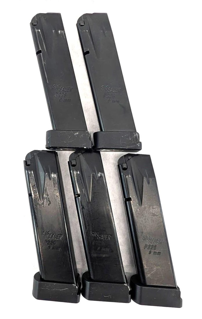 (5) Sig Sauer P226 9mm Magazines: Mec-Gar marked, with aftermarket metal baseplates, 18 Round, *Restricted