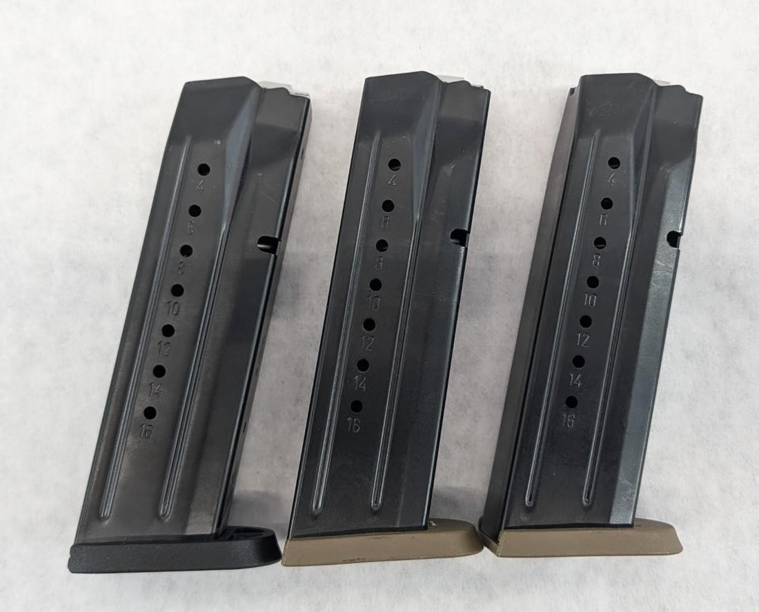 (3) Smith & Wesson M&P 9mm Magazines: 2 with FDE baseplates, 1 black baseplate, 17 Round, *Restricted
