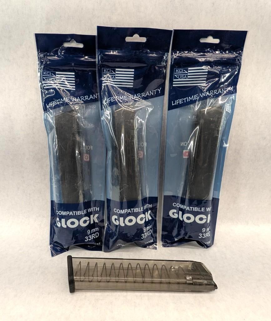 (3) KCI Glock Magazines & (1) ETS Group Glock Magazines: 9mm, KCIs are new in packaging and 33 Round, ETS Group 32 Round, *Restricted