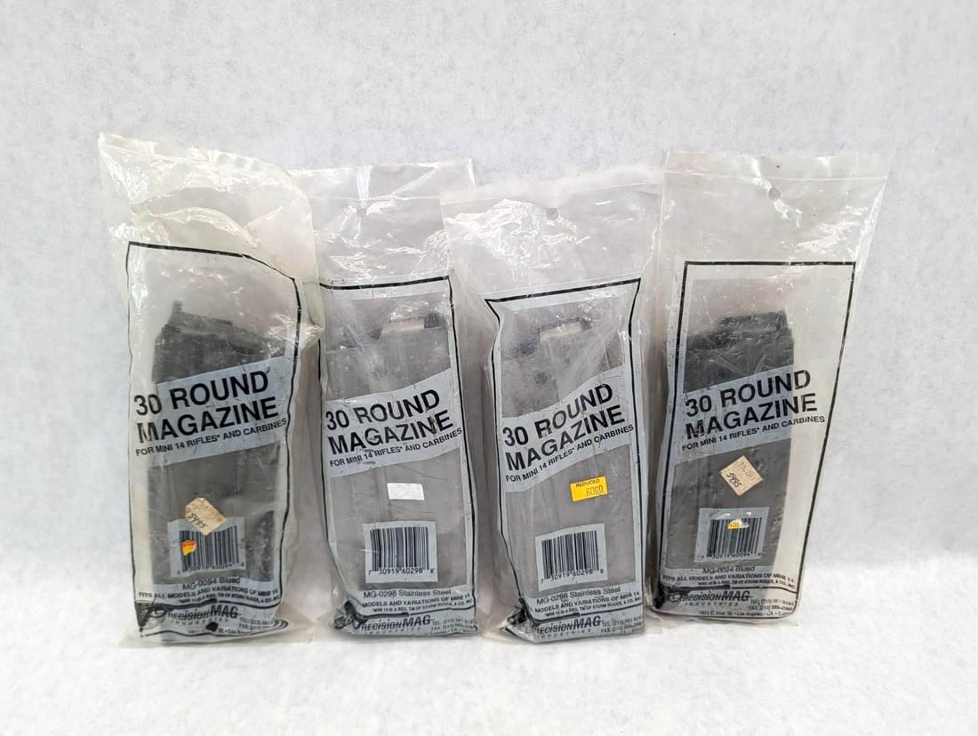(4) Mini 14 5.56mm Magazines: Precision Mag brand, 2 stainless, 2 blued, 30 Round, *Restricted