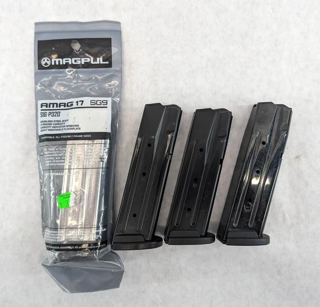 (4) Asst. Sig Sauer P320 9mm Magazines: (1) 10 Round, (1) 15 Round, (2) 17 Rounds *Restricted