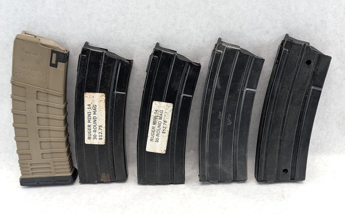 (5) Mini 14 5.56mm Magazines: 4 metal, 1 FDE polymer, 30 Round, *Restricted