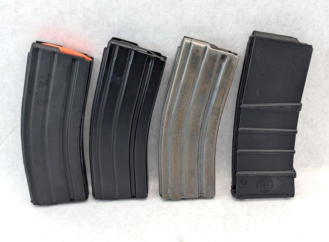 (4) AR-15 5.56mm Magazines: Various manufacturers, 1 black polymer, 3 metal, 30 Round, *Restricted