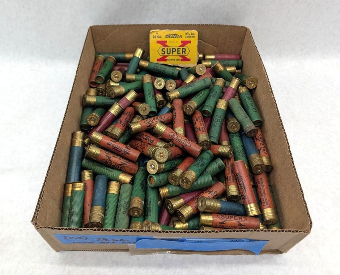 (152+/-) 28 GA Shotgun Shells: Mostly paper, some Western Super X, Remington Shur Shot, etc