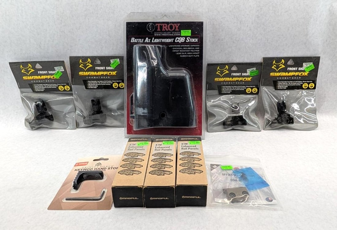 Assorted Rifle Accessories Lot: Includes 4 Swampfox folding front sights, Troy CQB stock, Magpul XTM Enhanced Rail panels, Arisaka Brand Offset Scout Mount, etc