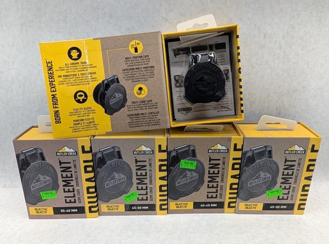 (5) Butler Creek Element Scope Covers: 4 40-45mm, 1 55-60mm