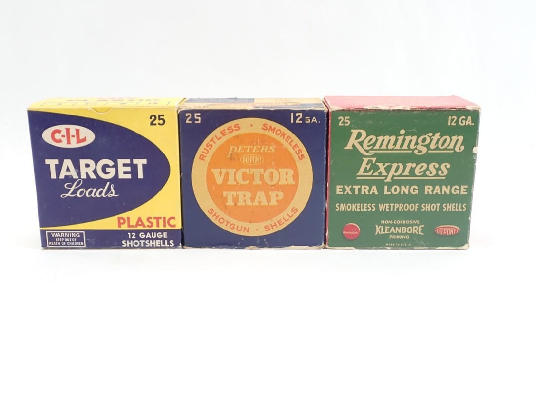 Asst. Shells: (25) C-I-L Plastic 12 GA Target Load Shells, (25) Peters Victor Crimp 12 GA, & (25) Remington Express Extra Long Range 12 GA Shotgun Shells