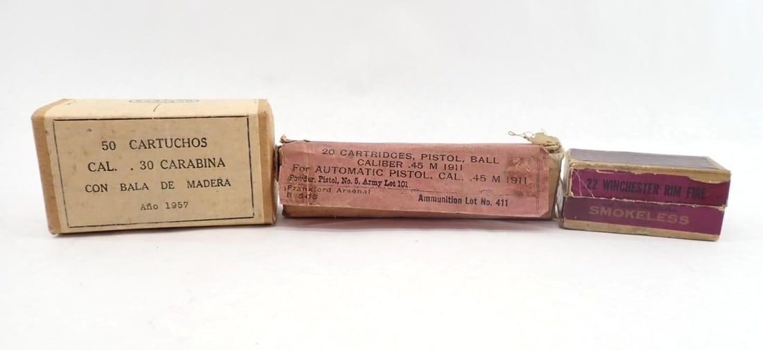 Asst. Cartridges: (50) .30 Carbine Cartridges, (19) .45 ACP Cartridges, & Box of .22 Winchester Rimfire, In original sealed box
