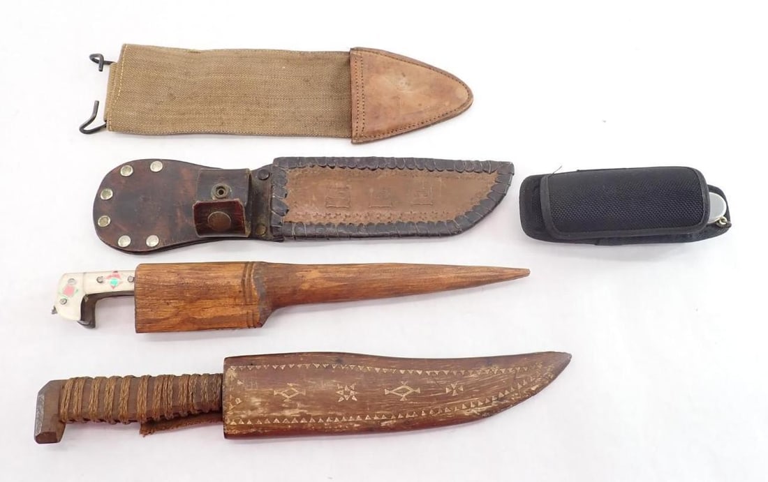 (2) Antique Knives W/ Sheaths: Includes assorted other sheaths