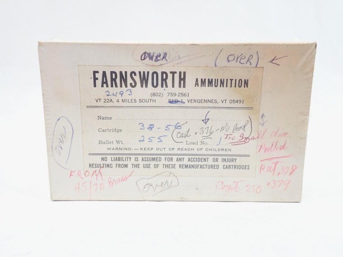 (20) Farnsworth 38-56 Reload Cartridges: Made from 45-70 brass