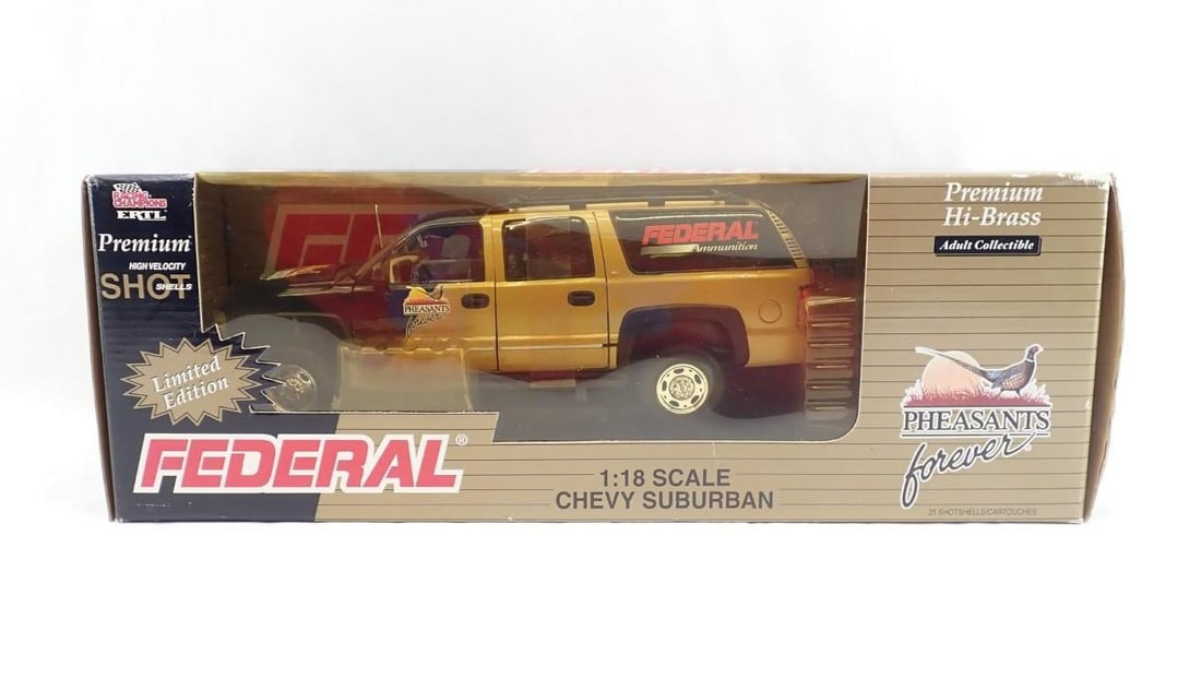 Federal 1:18 Scale Chevy Suburban & Box 12 ga. Shotshells: Federal Limited Edition 1:18 Scale Chevy Suburban Pheasants Forever Bonus Pack Incl. (25) Federal Premium High Velocity Lead Shotshells 12 GA 2 3/4"