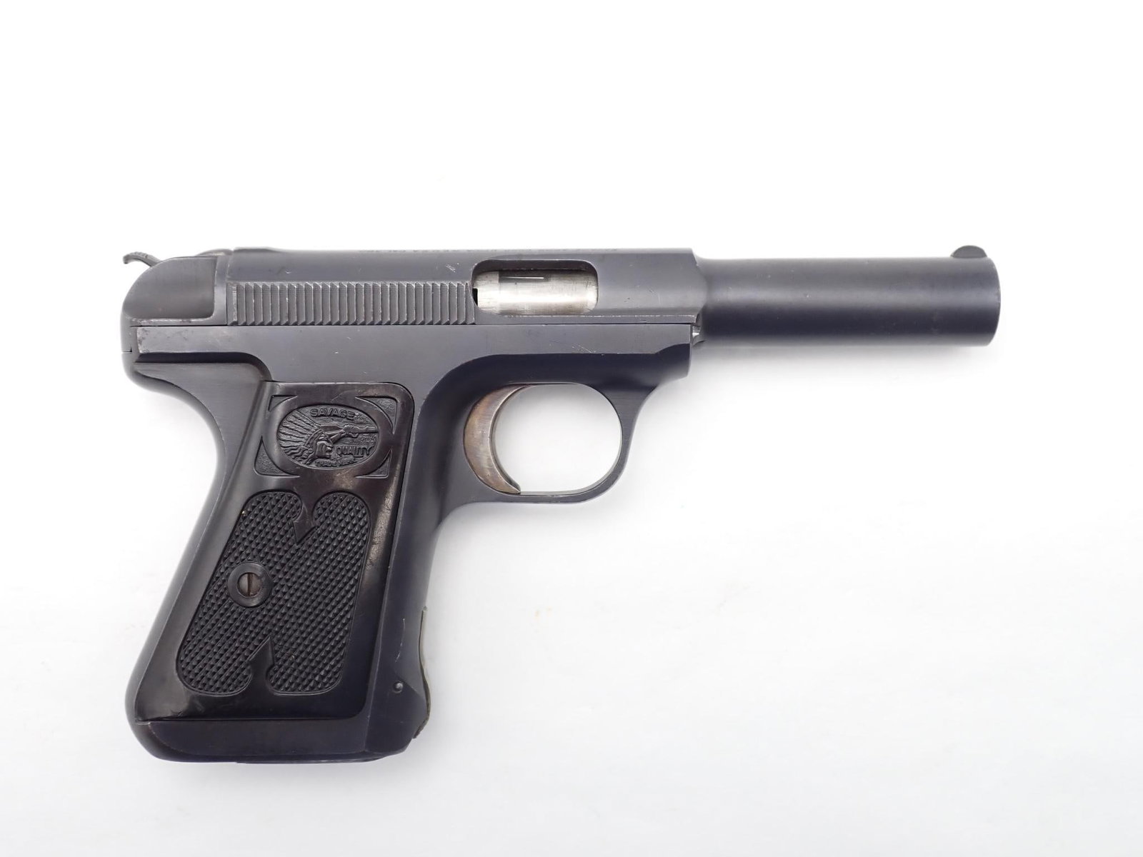 Savage 1917 Pistol: SN: 23569B Year of Mfg: 1907-1920 Cal: .380 ACP Action Type: Semi Auto Barrel Length: 4" Sights/Optics: Original Sights Stock: Original black plastic grips Finish: Blued Finish Cond: Original, small
