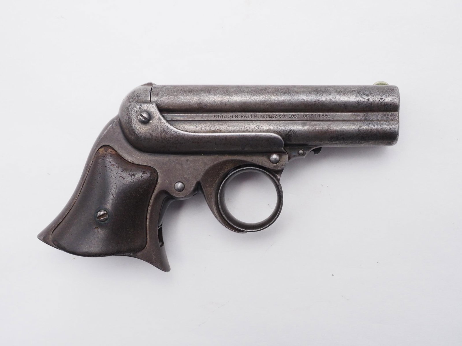 Remington Elliot Derringer Pistol: SN: 4832 Year of Mfg: 1863-1888 Cal: .32 Rimfire Action Type: Derringer Markings: Barrels marked "Manufactured by E. Remington & Sons ilion NY" and "Elliot's Patents May 29, 1860 - Oct 1 1861