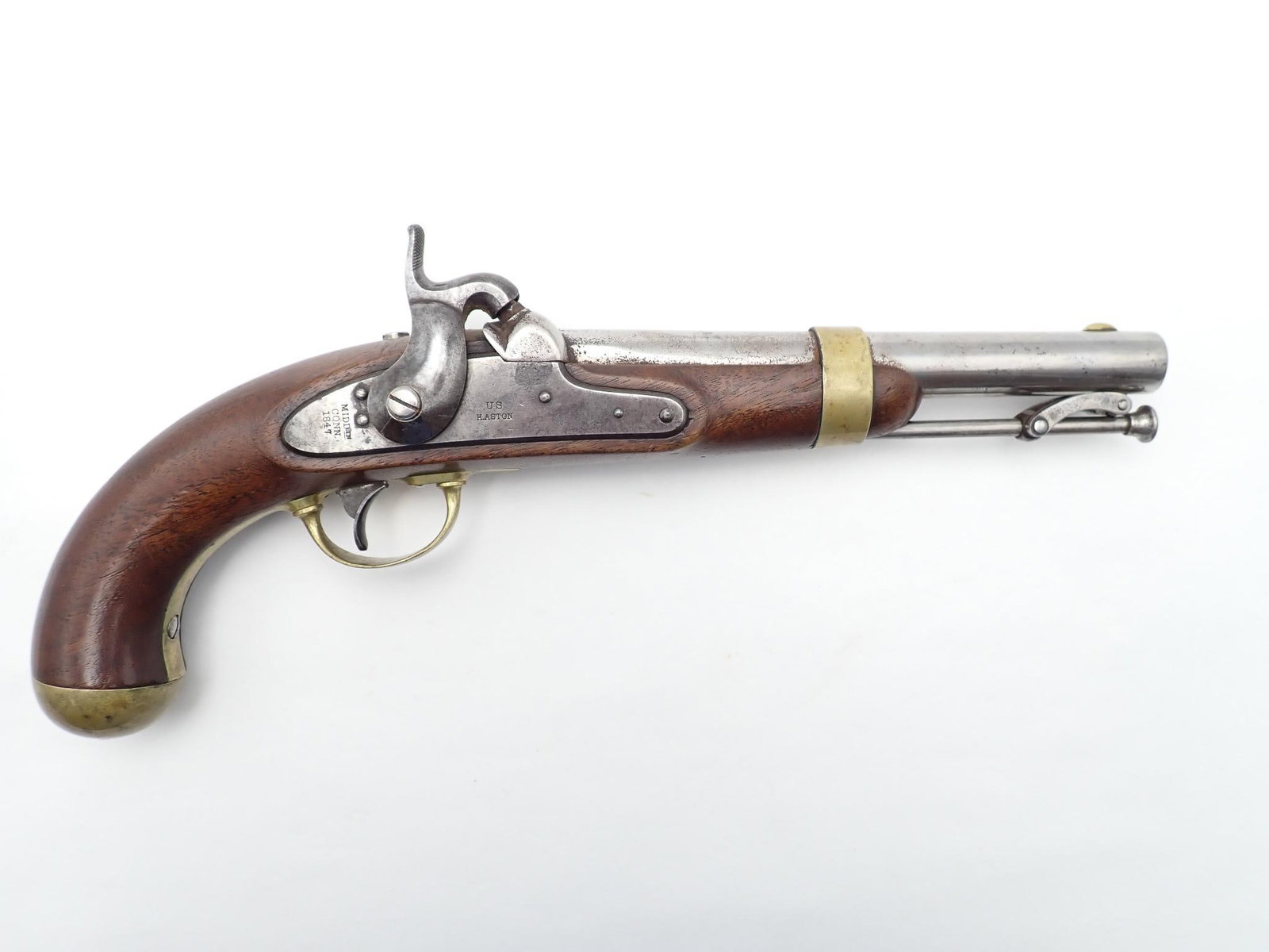 H. Aston 1842 Pistol: Year of Mfg: 1847 Cal: .54 Cal Action Type: Percussion Markings: Side Plate marked "US H. ASTON" "MIDDTN CONN 1847" Barrel Length: 8.5" Sights/Optics: Factory sights Stock: Original wood Finish: