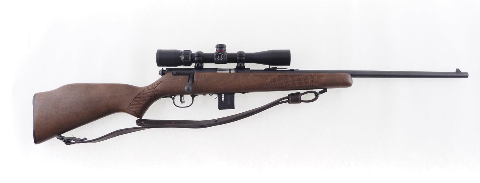 Savage Model 93 Rifle: SN: 4358833 Cal: .22 Mag Action Type: Bolt action Barrel Length: 21" Sights/Optics: Factory open sights, and a Simmons 3-9x32 scope Stock: Wood stock Finish: Blued Finish Cond:<