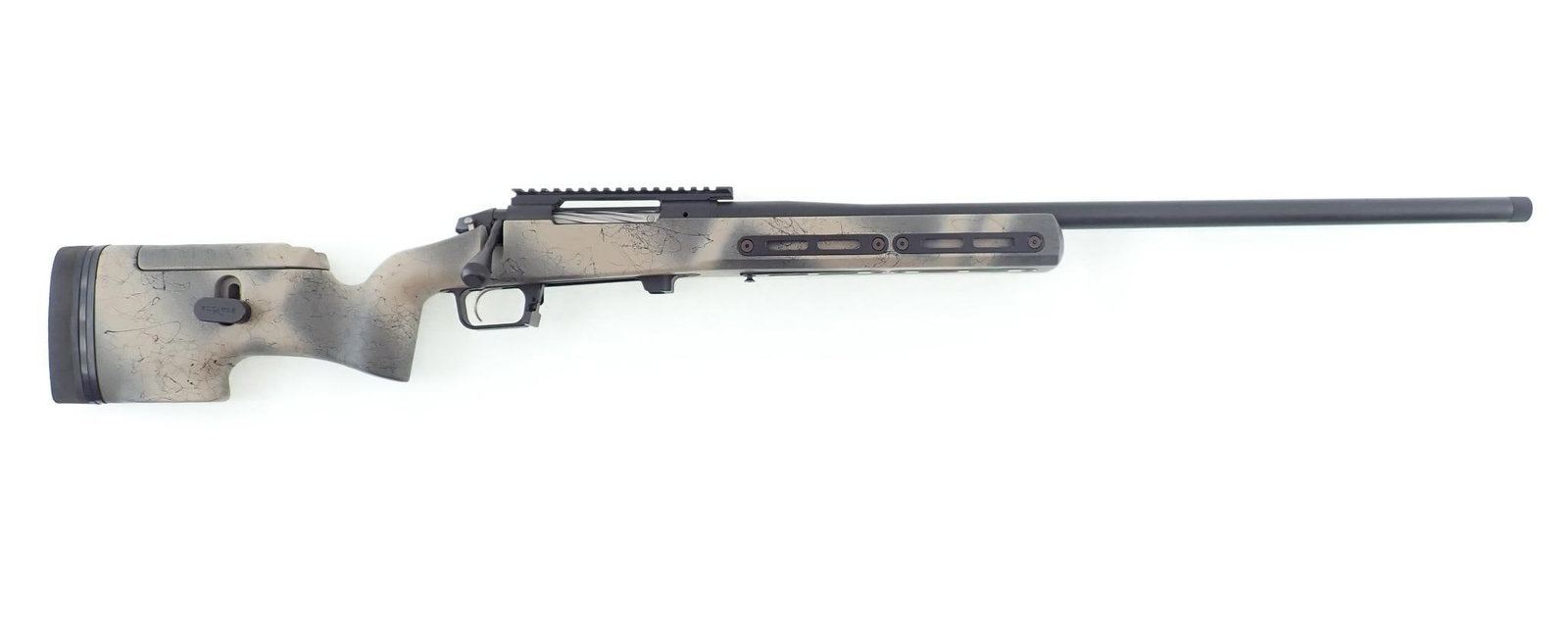 Bergara Premier Ridgeback Rifle: SN: G07794 Cal: .300 Win Mag Action Type: Bolt Action Barrel Length: 26" Threaded Sights/Optics: Picatinny Rail Stock: Grayboe Stock with paint splatter camo Finish: Matte Black coating Finish Cond: