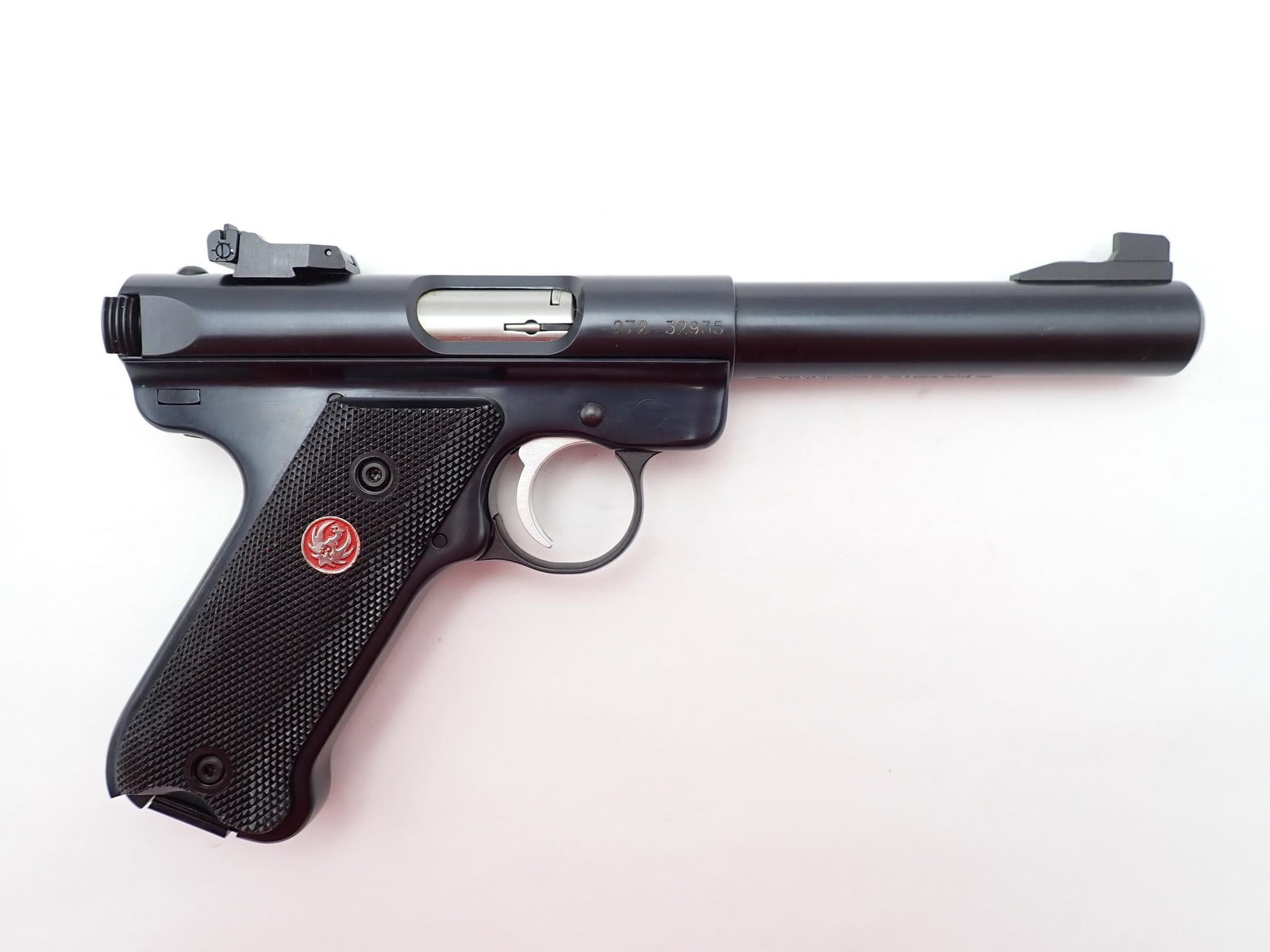 Ruger Mark III Target Pistol: SN: 272-32935 Cal: .22 LR Action Type: Semi-Auto Barrel Length: 5.5" Sights/Optics: Adjustable open sights Stock: Black Composite Finish: Blued Finish Cond: Original Bore: Very good Overall Cond: