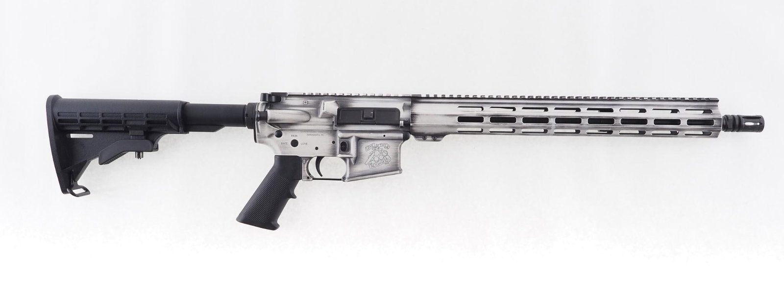 Shark Coast Tactical SCT-15 Rifle: SN: SCT-0088 Cal: 5.56mm Action Type: Semi Auto Barrel Length: 16.25" Sights/Optics: Picatinny top rail Stock: Black polymer buttstock Finish: White distressed look coating Finish Cond: Original
