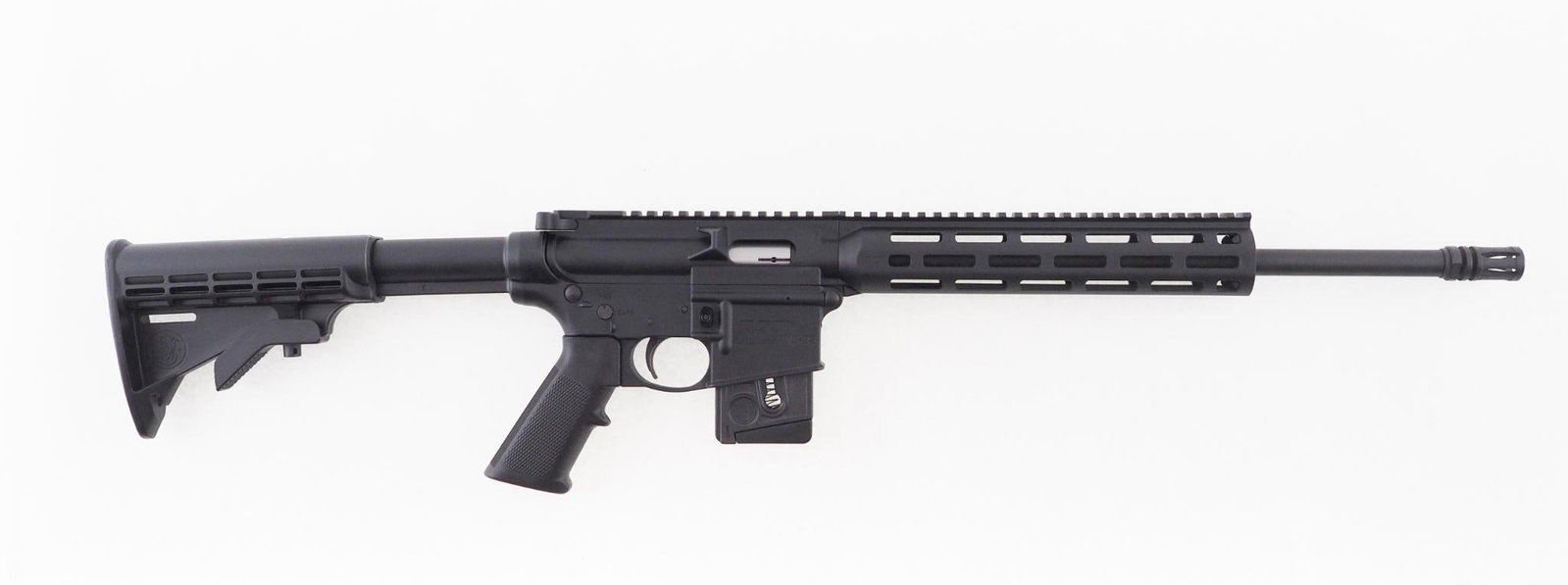 Smith & Wesson M+P15-22 Rifle: SN: DFR4050 Cal: .22 LR Action Type: Semi Auto Barrel Length: 16" Sights/Optics: Picatinny rail Stock: Black polymer Finish: Matte Black coating Finish Cond: Original Bore: Very Good Overall Cond: