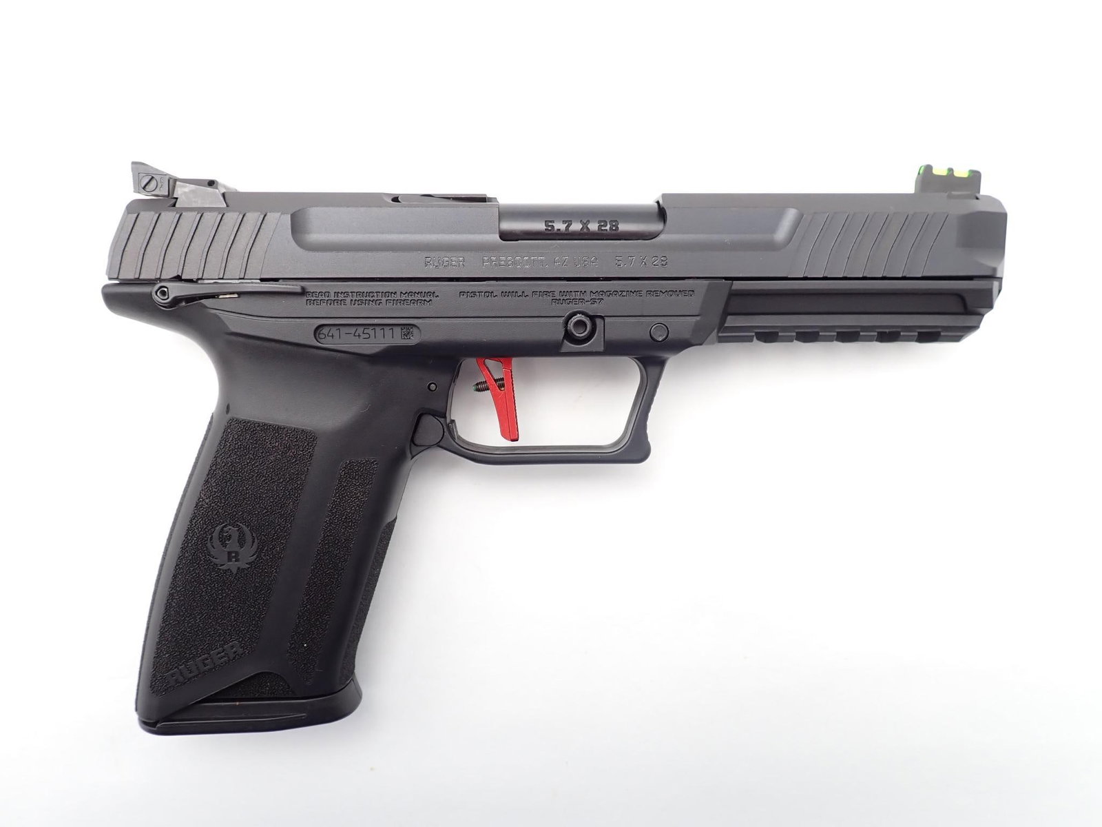 Ruger Model 57 Pistol: SN: 641-45111 Cal: 5.7 x 28mm Action Type: Semi Auto Barrel Length: 5" Sights/Optics: Factory fiber optic front sight and rear notch Stock: Black polymer frame Finish: Black coating Finish Cond: