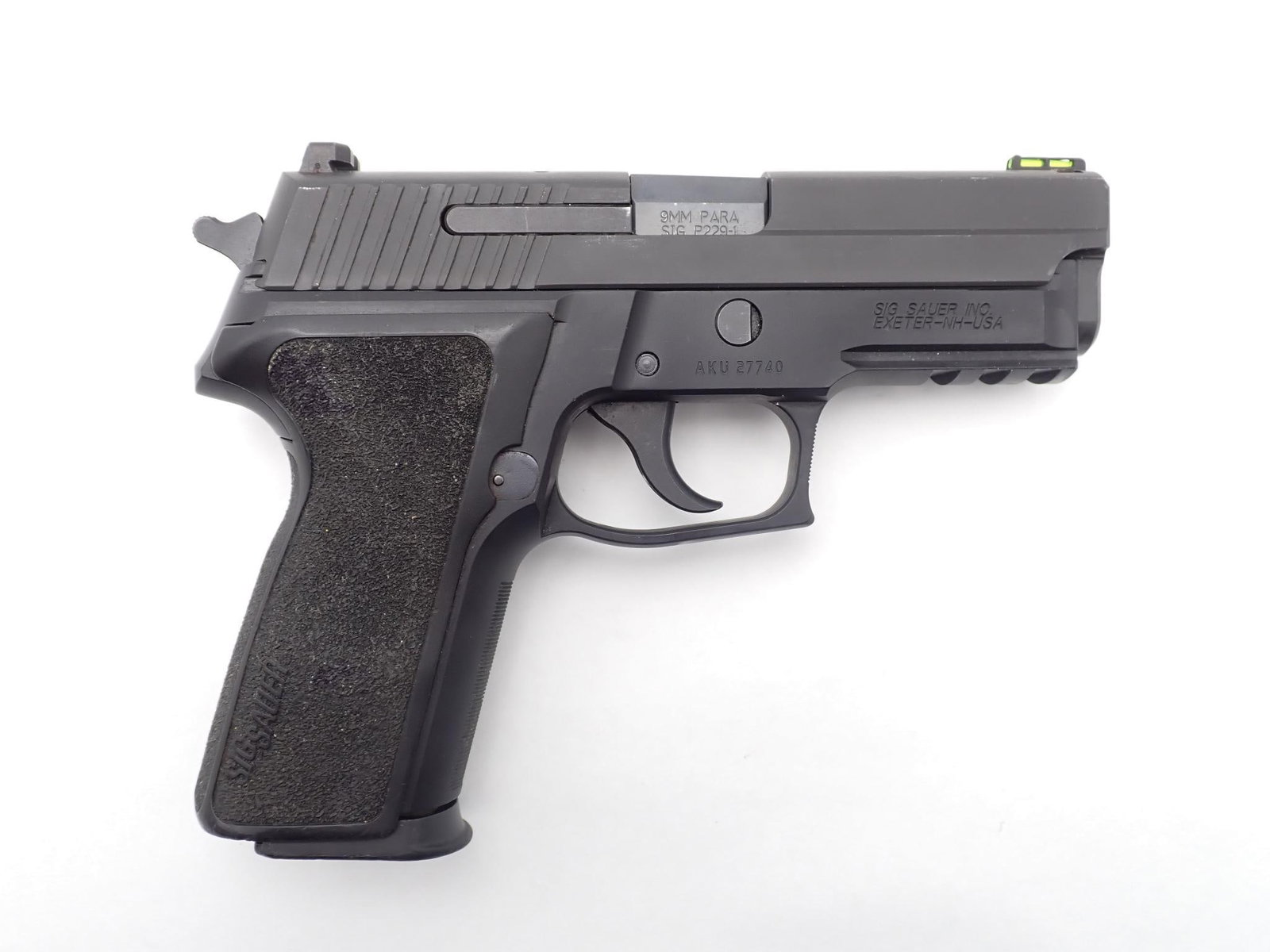 Sig Sauer P229 Pistol: SN: AKU27740 Cal: 9mm Action Type: Semi Auto Barrel Length: 3.675" Sights/Optics: Factory sights Stock: Polymer grips Finish: Nitride Finish Cond: Original, some wear Bore: Very Good Overall Cond: