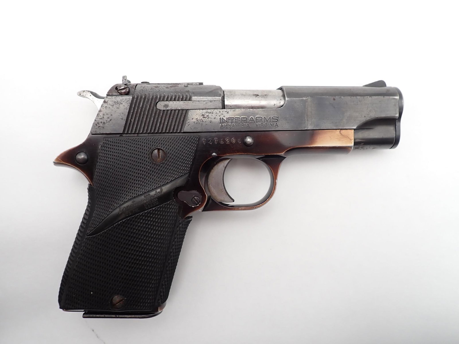 Star PD Pistol: SN: 1478205 Cal: .45 ACP Action Type: Semi Auto Barrel Length: 3.75" Sights/Optics: Factory open sights Stock: Brown case colored frame Finish: Blued slide and barrel Finish Cond: Finish is worn on