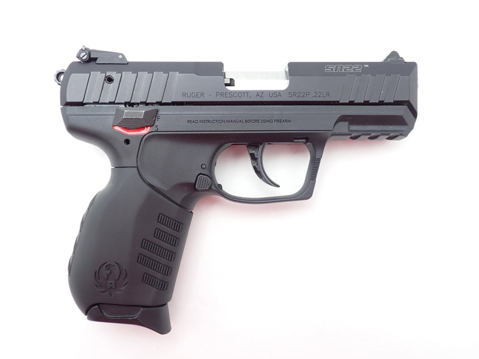 Ruger SR 22 Pistol: SN: 362-15864 Cal: .22 LR Action Type: Semi Auto Barrel Length: 3.5" Sights/Optics: Factory open sights Stock: Original black synthetic grips Finish: Black anodized frame and slide, with stainless