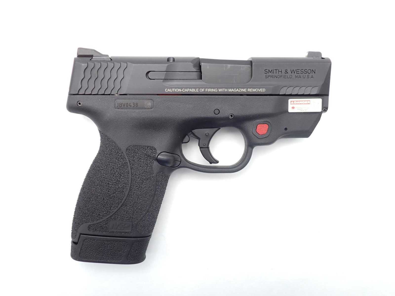 Smith & Wesson M&P 45 Shield M2.0 Pistol: SN: JBV0438 Cal: .45 ACP Action Type: Semi Auto Barrel Length: 3.375" Sights/Optics: Factory open sights Stock: Black polymer frame Finish: Black coating Finish Cond: Original Bore: Excellent Overall