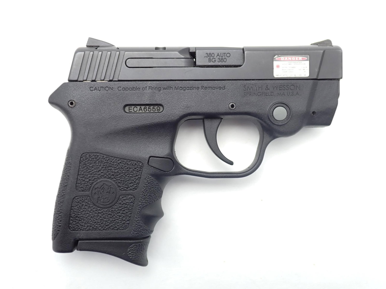 Smith & Wesson Bodyguard Pistol: SN: ECA6559 Cal: .380 ACP Action Type: Semi Auto Barrel Length: 2.75" Sights/Optics: Factory sights with integrated laser Stock: Black polymer frame Finish: Black coating Finish Cond: Original Bore:
