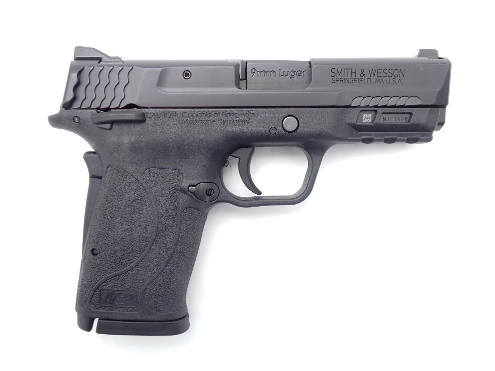 Smith & Wesson M&P Shield Pistol: SN: NJC3448 Cal: 9mm Action Type: Semi Auto Barrel Length: 3.675" Sights/Optics: Original sights Stock: Black polymer frame Finish: Black Nitride Finish Cond: Original Bore: Excellent Overall Cond: