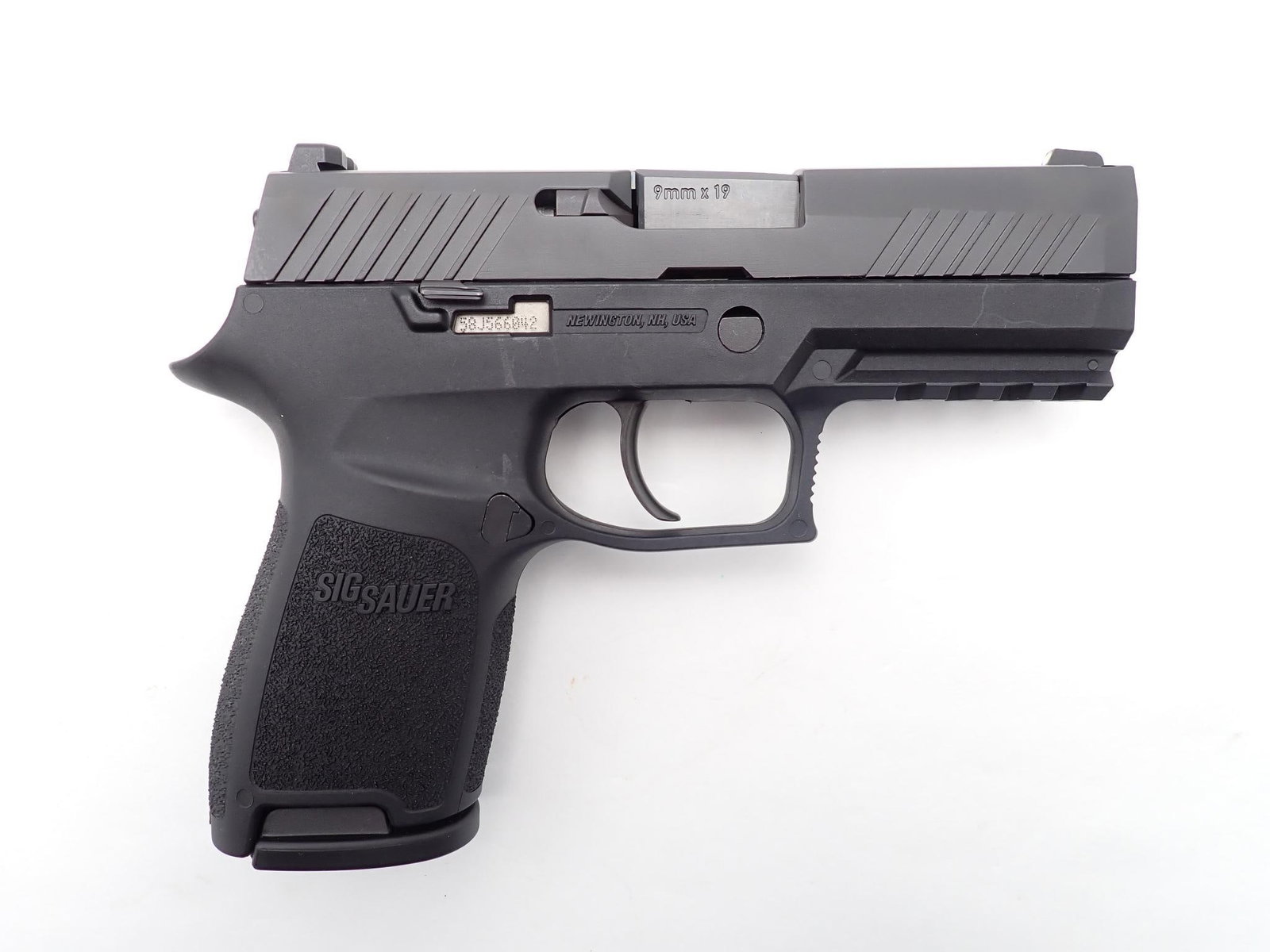 Sig Sauer P320 Pistol: SN: 58J566042 Cal: 9mm Action Type: Semi Auto Barrel Length: 3.9" Sights/Optics: Factory sights Stock: Black polymer frame Finish: Nitron black Finish Cond: Original Bore: Excellent Overall Cond: