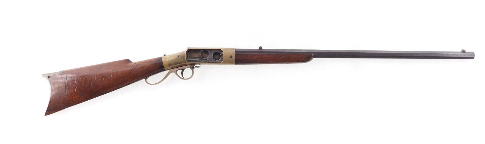 C.B. Holden Single Shot Rifle: Cal: .44 Cal Action Type: Breech Loading Barrel Length: 24" Sights/Optics: Original open sights Stock: Original wood stock, some chips/handling marks Finish: Blued, with brass receiver Fi