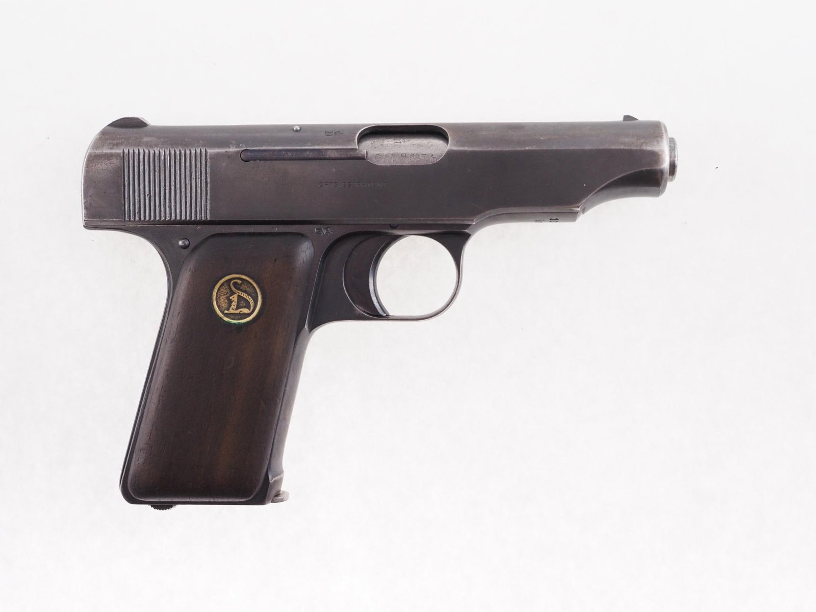 Deutsche Werke Ortgies Patent Pistol: SN: 100347 Cal: 7.65mm/.32 ACP Action Type: Semi Auto Barrel Length: 3.5" Sights/Optics: Factory open sights Stock: Original wood grips Finish: Blued Finish Cond: Original, some holster wear Bore: