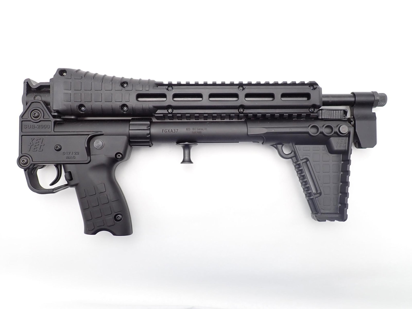 Kel Tec Sub2000 Rifle: SN: FGXA37 Cal: 9mm Action Type: Semi Auto Barrel Length: 16.25" Sights/Optics: Factory open sights Stock: Black Polymer Frame Finish: Black Coated Finish Cond: Original Bore: Very Good Overall Cond: