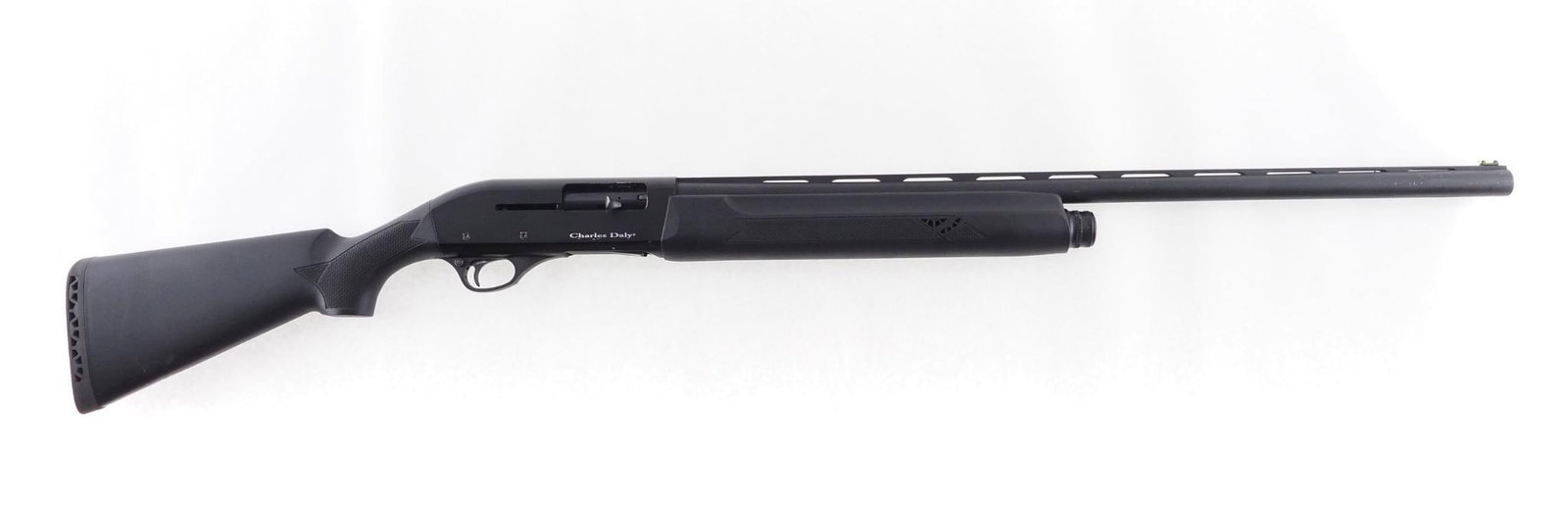 Charles Daly Field Shotgun: SN: 6103871 Cal: 12 Ga. Action Type: Semi-Auto Barrel Length: 28" vent rib barrel , with a modified screw in choke tube Sights/Optics: Green fiber optic front sight Stock: Flat black composite with