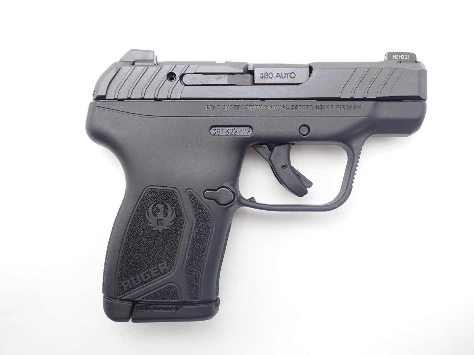 Ruger LCP Max Pistol: SN: 381-322223 Cal: .380 ACP Action Type: Semi Auto Barrel Length: 2..625 Sights/Optics: Factory open sights Stock: Black Polymer Frame Finish: Blued Finish Cond: Original Bore: Very Good Overall