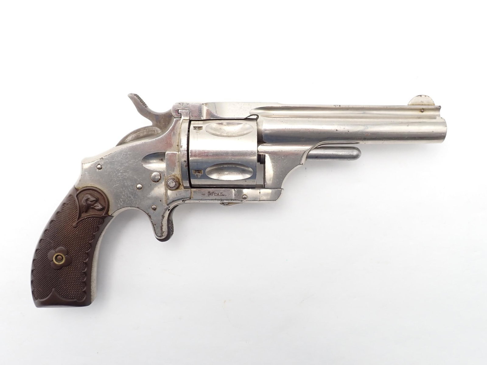 Hopkins & Allen Merwin Hulbert Medium Frame Revolver: SN: 4889 Cal: .38 CF Action Type: Single Action Barrel Length: 3.675" Sights/Optics: Original sights Stock: Original grips Finish: Nickel Finish Cond: Original, some corrosion Bore: Very Good Overall